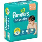 Verpakking van Pampers Baby-Dry maat 3, voor baby's van 6 tot 10 kg, met 34 luiers. De doos is overwegend blauw en wit, met een afbeelding van een lachende baby aan de voorkant. Bevat kenmerken zoals tot 12 uur rondom bescherming tegen lekken en 0% parfum en latex.