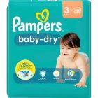 Verpakking van Pampers Baby-Dry in maat 3, voor kinderen van 6 tot 10 kg, met 34 stuks. De verpakking is turquoise met de merknaam en het logo prominent in het geel en wit. Een vrolijke peuter staat op de voorkant, naast iconen die tot 12 uur bescherming, dermatologisch getest en 0% parfumallergenen aangeven.