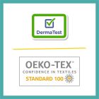 Logo's van DermaTest en OEKO-TEX® Standard 100 certificeringen voor huid- en milieuvriendelijke textielproducten.