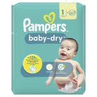 Verpakking van Pampers Baby-Dry maat 1, geschikt voor 2-5 kg, met 21 luiers. De verpakking is turquoise met een vrolijk lachende baby op de voorzijde, en bevat symbolen voor 12 uur rondom bescherming, dermatologisch getest en 0% EU parfumallergenen.