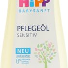 Fles HiPP Babysanft Pflegeöl Sensitiv met biologische verzorgingsolie, vrij van microplastics en parabenen.