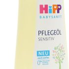 Open fles HiPP Babysanft Pflegeöl Sensitiv verzorgingsolie, met biologische amandelolie, vrij van schadelijke stoffen.