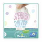 Advertentie voor Pampers billendoekjes, benadrukt 'Sterker Dikker' vergeleken met voorgaand product, geschikt voor handen en gezicht, 0% alcohol.