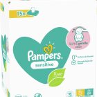 Grootverpakking van Pampers Sensitive billendoekjes 15x80, 15 pakken met in totaal 1200 doekjes, met plantaardige vezels, zonder parfum en alcohol.