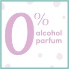 Prominente '0% alcohol parfum' tekst in paars op een lichte achtergrond met pastelkleurige bubbels, duidend op milde productformulering.