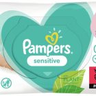 Pak van 52 Pampers Sensitive babydoekjes met plantaardige vezels, 0% parfum en alcohol, dermatologisch getest, en vrij van plastic.