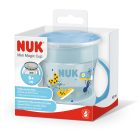 NUK Mini Magic Cup in verpakking, blauw, met 360-graden drinkrand en handvatten, versierd met een lieveheersbeestje en mier illustraties.