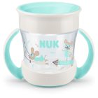 NUK trainingsbeker met transparant lichaam en turquoise details, versierd met leuke muisillustraties.