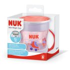 Verpakte NUK Mini Magic Cup, met roze en lila tinten en rolschaatsillustratie, voor kinderen vanaf 6 maanden.