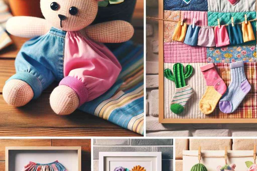 Collage van handgemaakte voorwerpen: gehaakte beer, gequilte hartjes, kleurrijke rok, geborduurde bloemen en mini cactussen