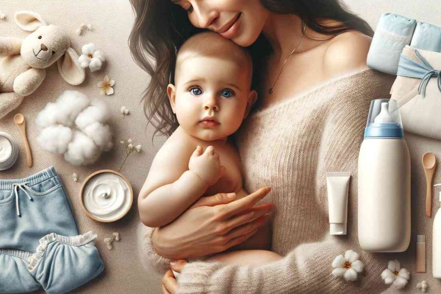Moeder met baby en babyverzorgingsproducten.
